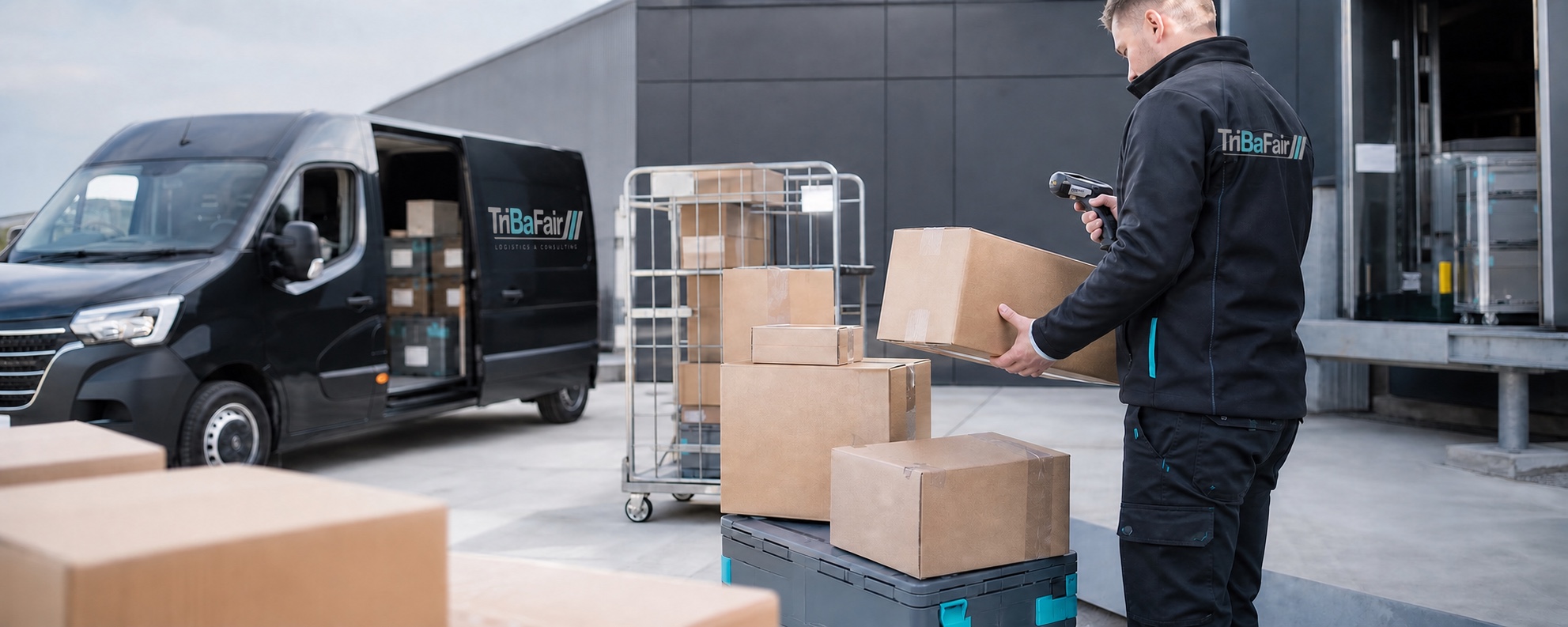 Tribafair employee and branded van preparing parcels and transport boxes
